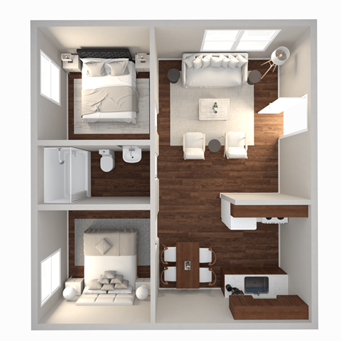 a 3d drawing of a bedroom with a wood floor